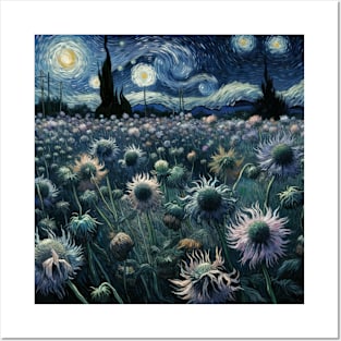 Enchanted Flower Garden Night: Centaurea Starry Floral Posters and Art